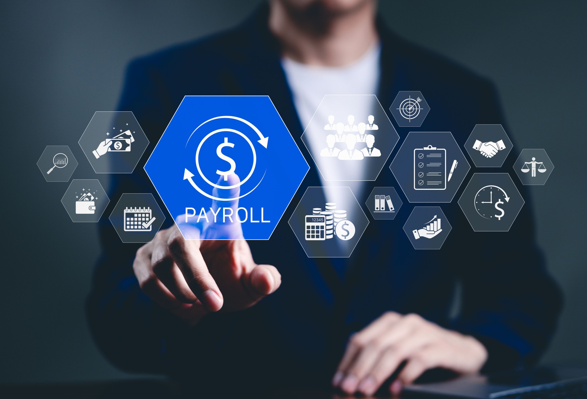 Payroll Management and Financial Processing System. Businessman works on payroll management with icons for payment, employee salaries, scheduling, analysis finance, and efficient payroll operations.