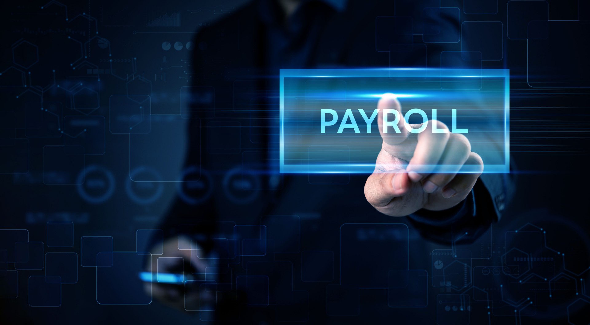 Close-up of hand selecting payroll option on virtual screen. Perfect for digital finance, cloud payroll systems, payroll management, and financial automation.